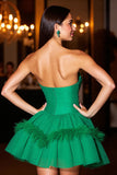Strapless Dark Green Short Prom Dress with Feather