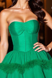 Strapless Dark Green Short Prom Dress with Feather