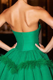 Strapless Dark Green Short Prom Dress with Feather