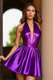 Halter Dark Purple Satin A Line Short Prom Dress