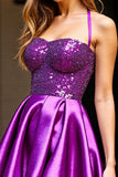 Sparkly A Line Dark Purple Short Prom Dress with Sequins