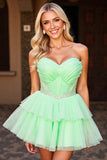 Green Strapless A Line Short Prom Dress with Beading