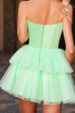 Green Strapless A Line Short Prom Dress with Beading