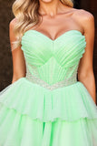 Green Strapless A Line Short Prom Dress with Beading
