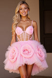 Corset Pink Cut Out Short Prom Dress with 3D Flowers