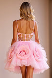 Corset Pink Cut Out Short Prom Dress with 3D Flowers