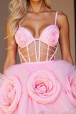 Corset Pink Cut Out Short Prom Dress with 3D Flowers