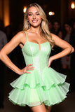 Green Corset A Line Short Prom Dress with Beading