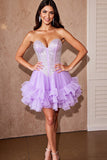 Sparkly Strapless Ruffled Lilac Short Prom Dress with Sequins