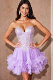 Sparkly Strapless Ruffled Lilac Short Prom Dress with Sequins