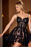 Corset Black A Line Short Prom Dress with Appliques
