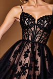 Corset Black A Line Short Prom Dress with Appliques