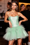Green A Line Short Prom Dress with Feather