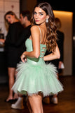 Green A Line Short Prom Dress with Feather