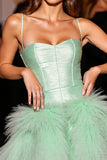 Green A Line Short Prom Dress with Feather