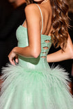 Green A Line Short Prom Dress with Feather