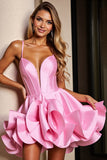 Corset Ruffled Pink Satin Short Prom Dress