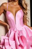 Corset Ruffled Pink Satin Short Prom Dress