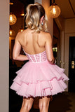 Pink Strapless Corset Tiered Short Prom Dress