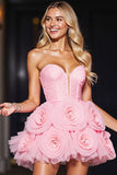 Strapless Pink Short Prom Dress with 3D Flowers