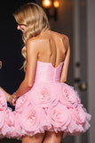 Strapless Pink Short Prom Dress with 3D Flowers