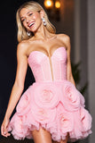 Strapless Pink Short Prom Dress with 3D Flowers