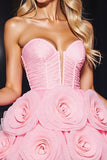 Strapless Pink Short Prom Dress with 3D Flowers
