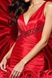 Red Ruched Satin Cocktail Dress with Beading