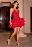 Sparkly Red Tiered Short Prom Dress with Ruffles