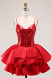 Sparkly Red A-Line Tiered Ruffled Cocktail Dress