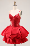 Sparkly Red Tiered Short Prom Dress with Ruffles