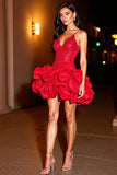 Sparkly Red Tiered Short Prom Dress with Ruffles