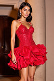 Sparkly Red Tiered Short Prom Dress with Ruffles
