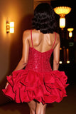 Sparkly Red Tiered Short Prom Dress with Ruffles
