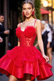 Corset Appliqued Red Short Prom Dress with 3D Flowers