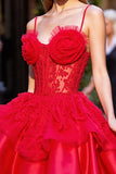 Corset Appliqued Red Short Prom Dress with 3D Flowers