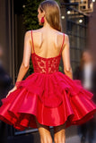 Corset Appliqued Red Short Prom Dress with 3D Flowers