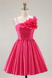 Fuchsia Ruched Satin Short Prom Dress with 3D Flowers
