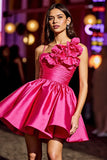 Fuchsia Ruched Satin Short Prom Dress with 3D Flowers