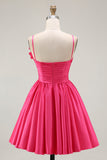 Fuchsia Ruched Satin Short Prom Dress with 3D Flowers