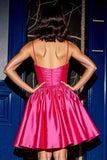 Fuchsia Ruched Satin Short Prom Dress with 3D Flowers