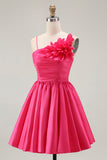 Fuchsia Ruched Satin Short Prom Dress with 3D Flowers