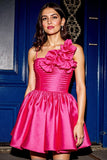 Fuchsia Ruched Satin Short Prom Dress with 3D Flowers