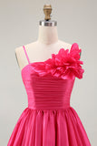 Fuchsia Ruched Satin Short Prom Dress with 3D Flowers