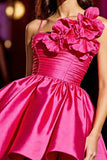Fuchsia Ruched Satin Short Prom Dress with 3D Flowers