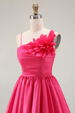 Fuchsia Ruched Satin Short Prom Dress with 3D Flowers