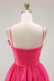 Fuchsia Ruched Satin Short Prom Dress with 3D Flowers