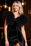 Velvet Black Short Prom Dress with Feather