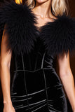 Velvet Black Short Prom Dress with Feather