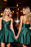 Dark Green Satin A Line Short Prom Dress